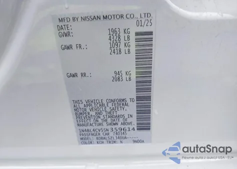 2025 Nissan Altima Sr Fwd from USA, damaged, VIN 1N4BL4CV5SN359614